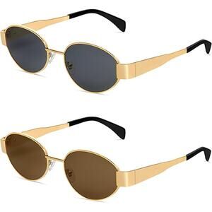 New Butaby Womens 2 Pairs Retro Oval UV400 Protection Gold Rim Sunglasses